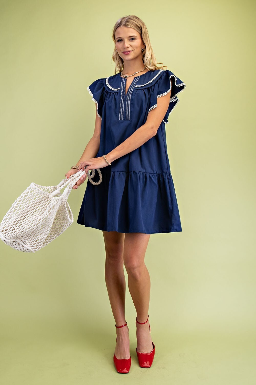 Navy Gigio by Umgee Split Neck Short Dress with Ruffle Sleeves w/ Pom-Pom Trim