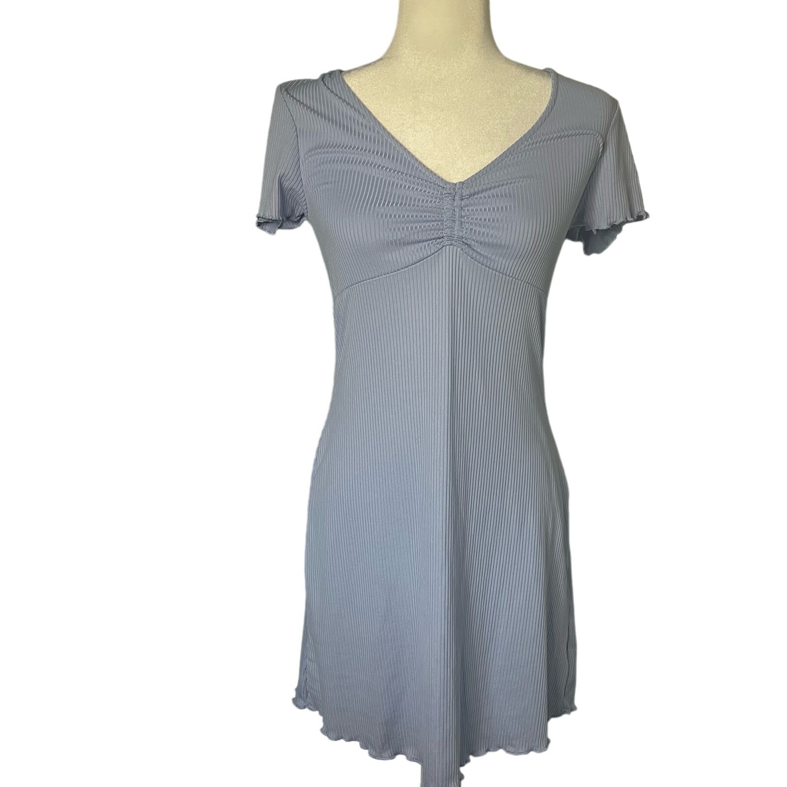 Pink Rose Woman’s Light Blue Ribbed Cinched Front Short Sleeve Mini Dress-Size M
