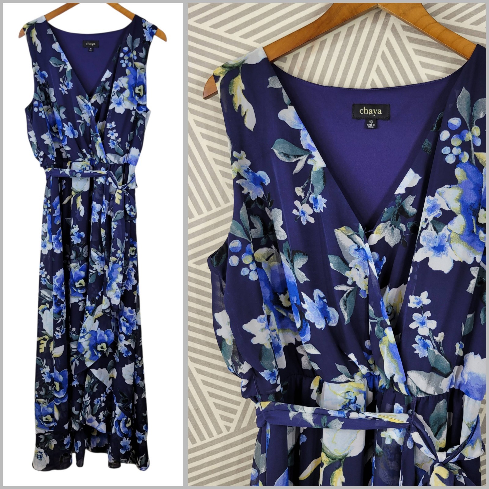Chaya Shirt Dress Size 16 Midi Long Floral Layered Chiffon Blue Ruffle Hem