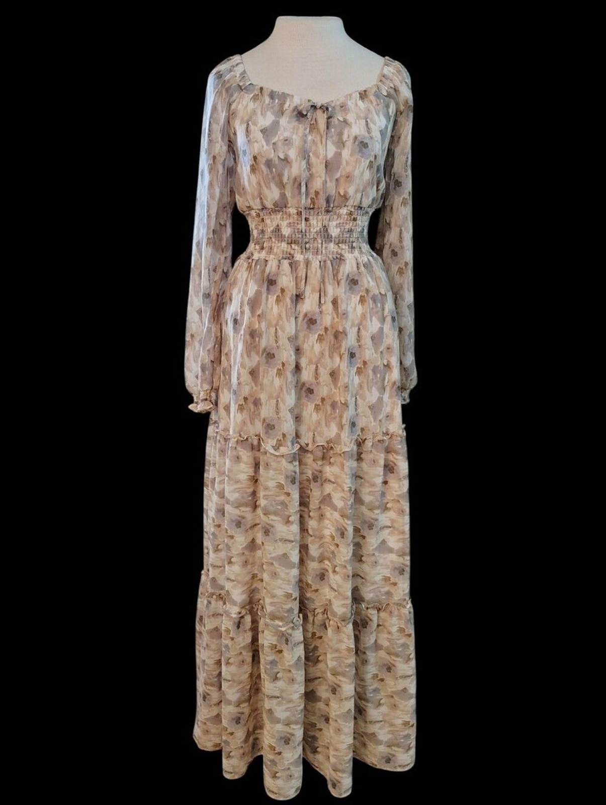 Baltic Born Eden Smocked Maxi Dress Tiered Skirt Chiffon Long Sheer Sleeves XS
