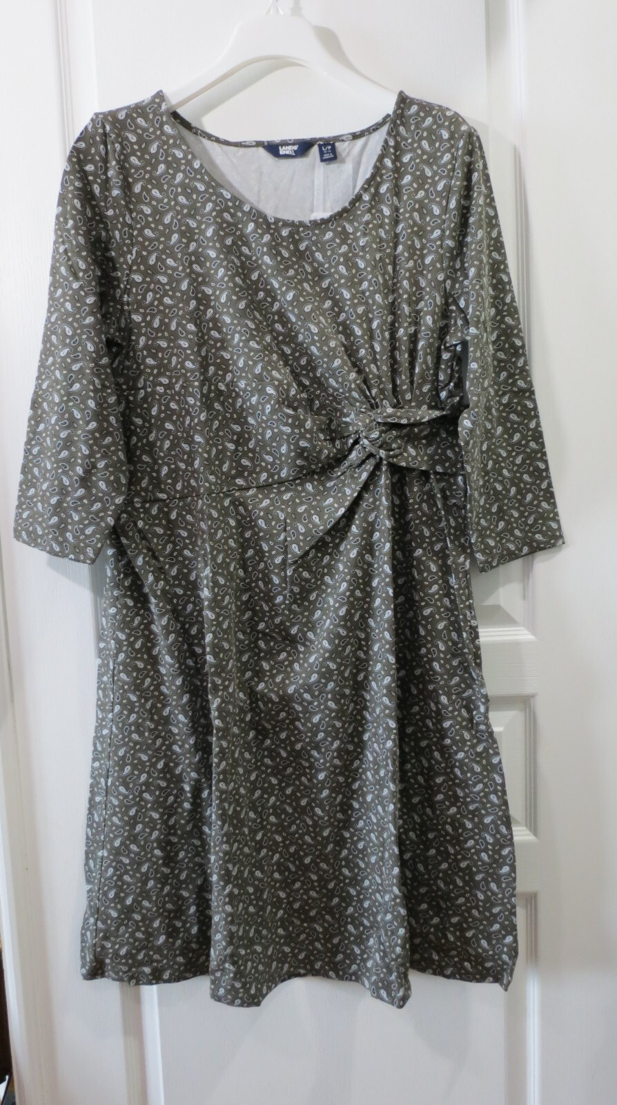 Lands’ End NEW Cotton Green Paisley 3/4 Sleeve Twist Pullover Midi Dress Size PL