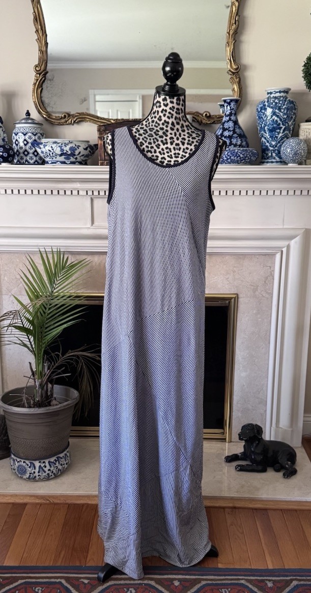 Talbots Maxi Dress Tank Top Blue White Stripe Cotton Stretch Spring Summer Sz L