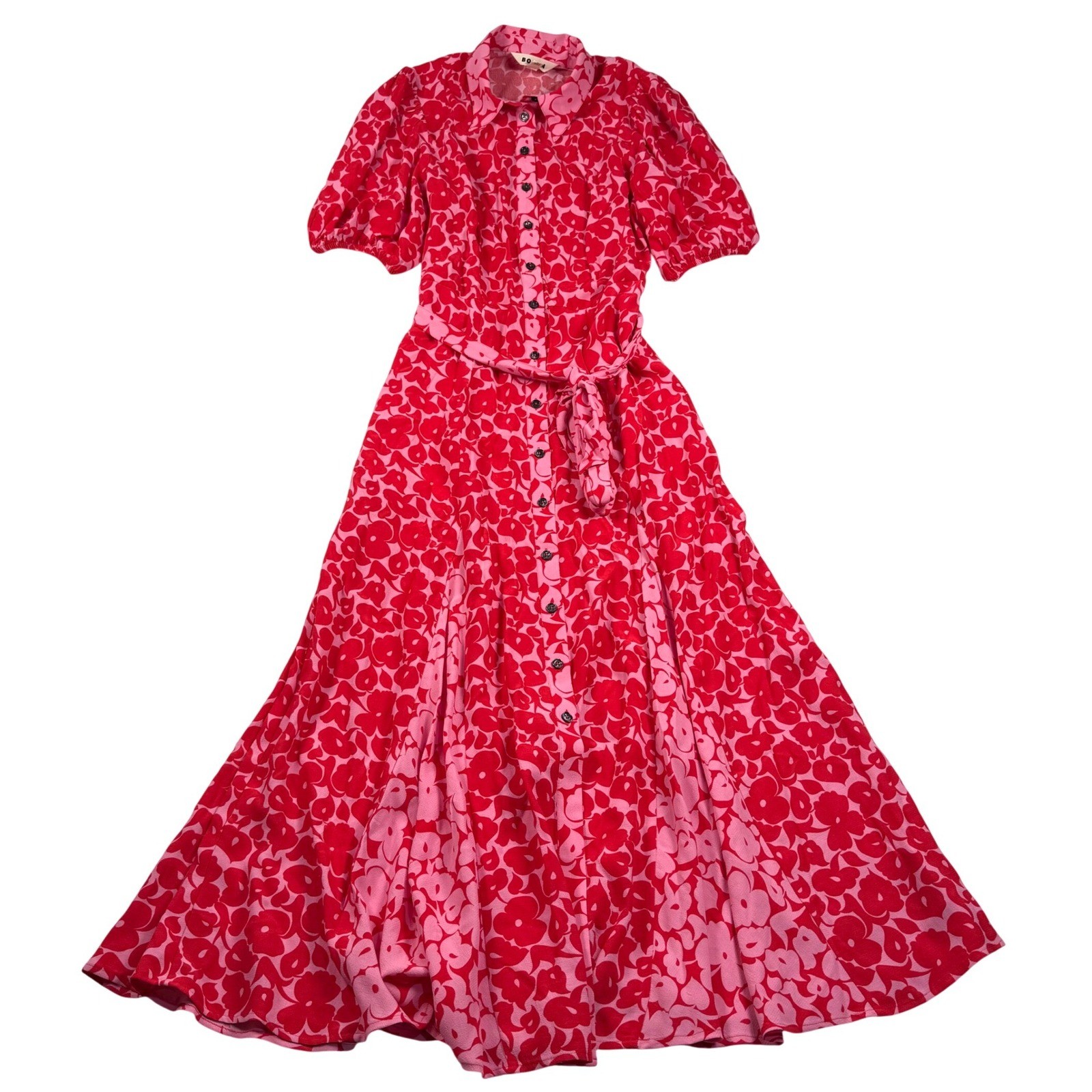 Boden Alegra Midi Shirt Dress Womens 6 Jewel Red Pink Leafy Grove Puff Sleeve