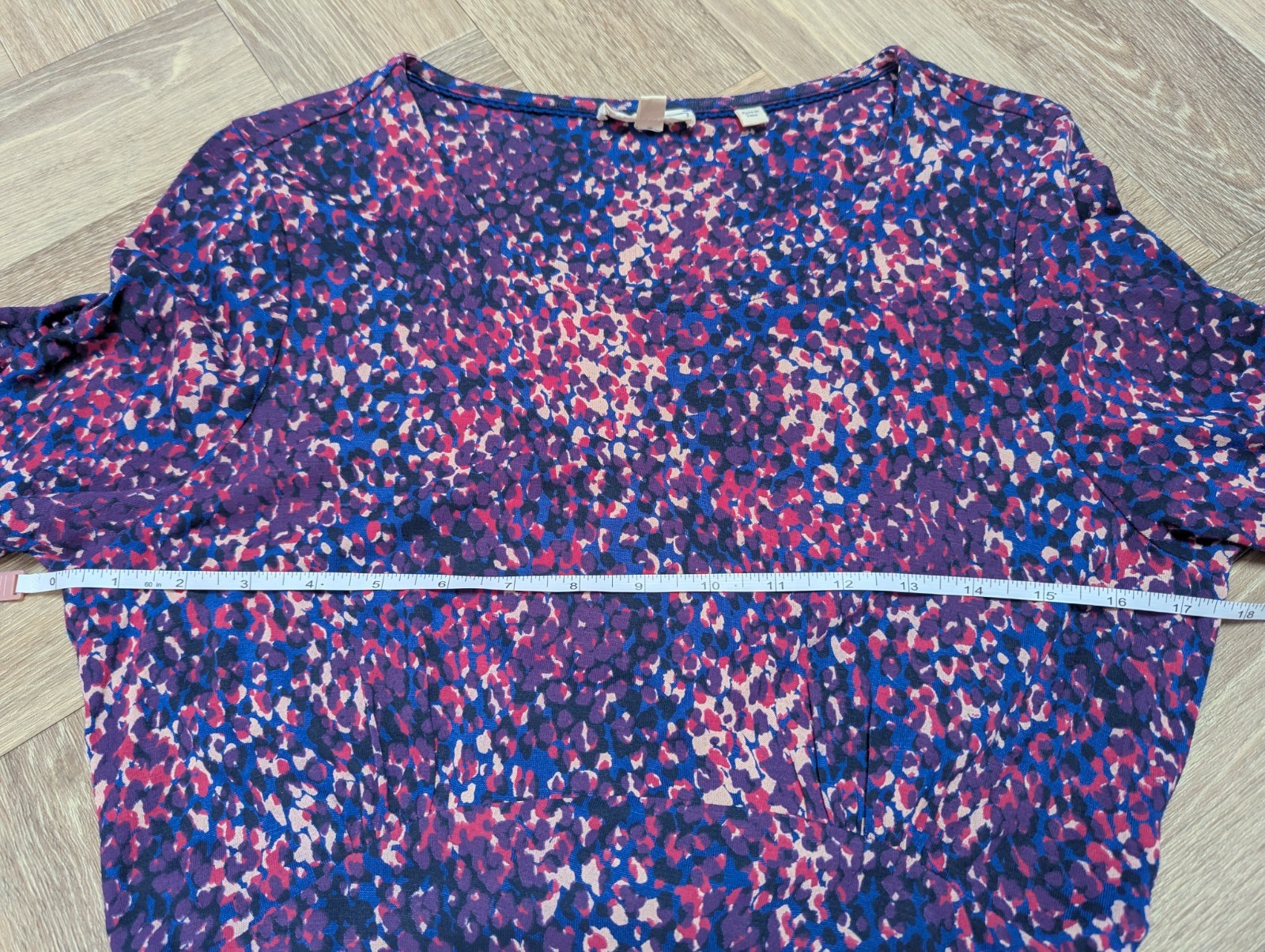 Fat Face Purple & Blue Abstract Print Dress Size 10 Jersey Stretch Ruched Sleeve