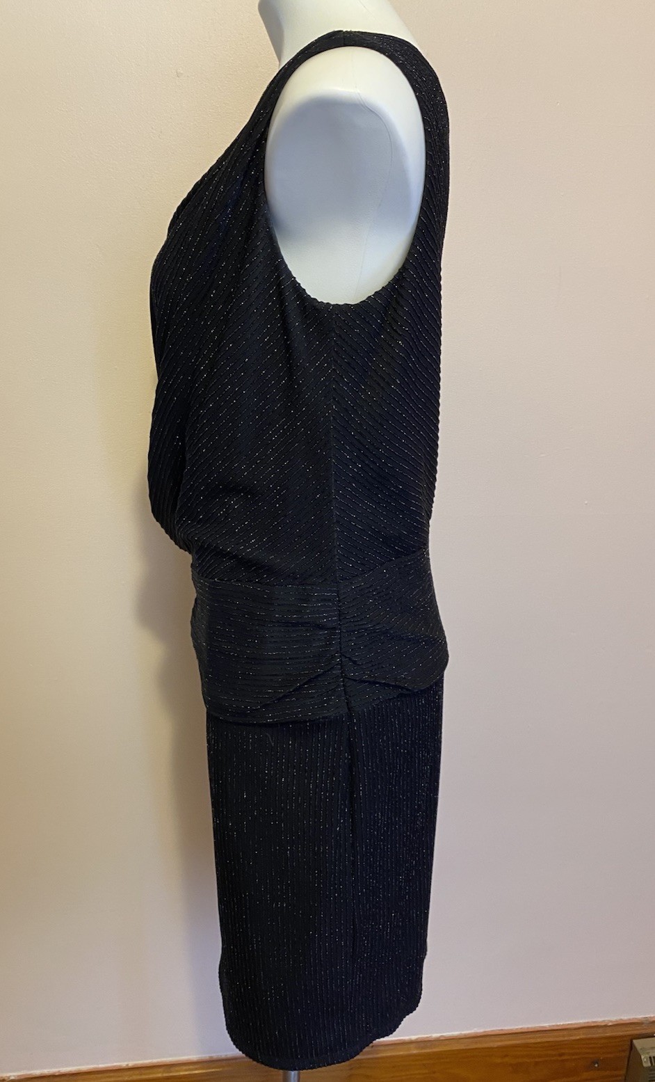 DAVID MEISTER Metallic Ribbed Draped Knot Asymmetric Neck Slvless Dress Black 12