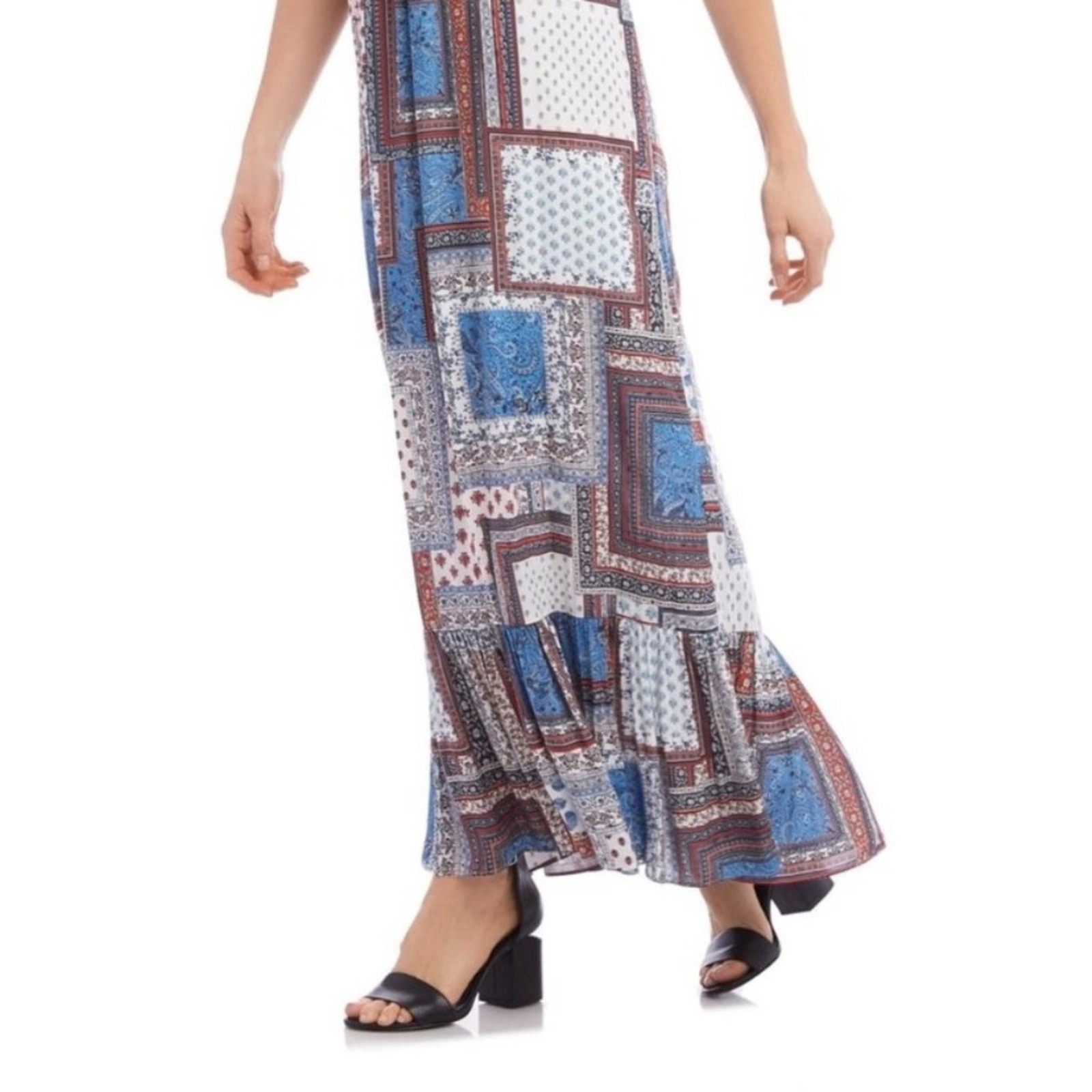Karen Kane Patchwork Paisley Sleeveless Ruffle Hem Maxi Dress Boho Size S