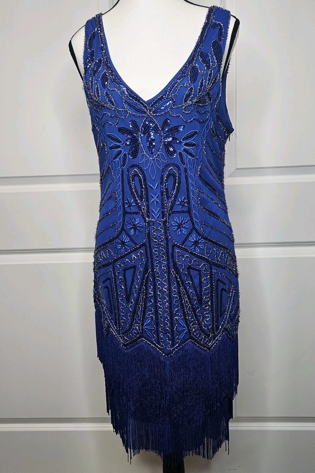 Babeyond Sequin Gatsby Art Deco Dress Size Large Blue Sequin Fringe Beaded