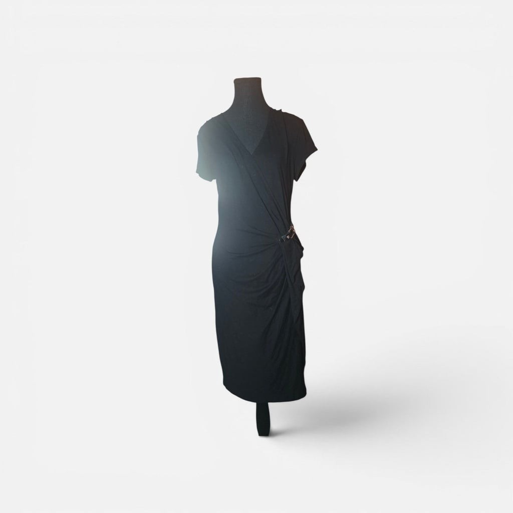 Carmen Marc Valvo Black Cap Sleeve Faux Wrap Midi Dress with Side Buckle Detail