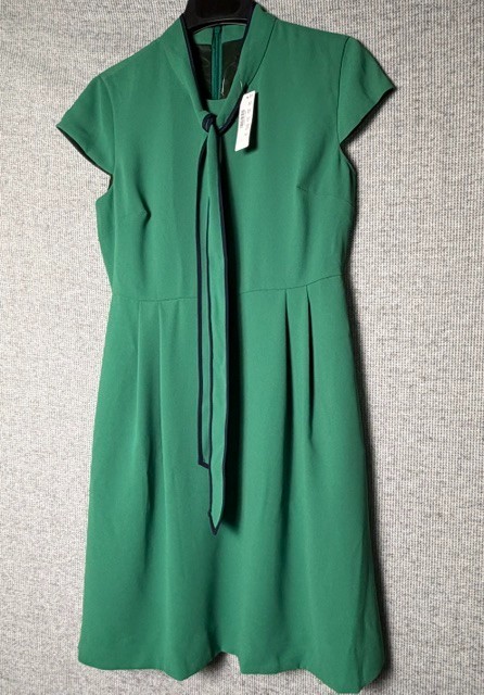 J.Crew A-Line Cap Sleeve Tie Neck Dress Women’s Size 8P Green Pleated Skirt NWT