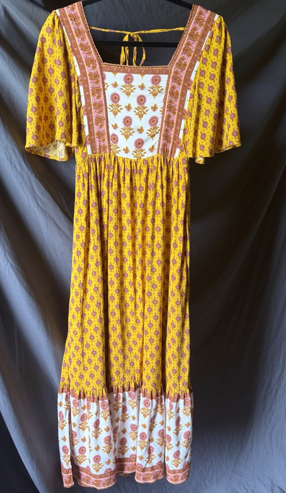 Bohemian Maxi Dress Floral Yellow Cottagecore Flutter Sleeves Pink Summer | S