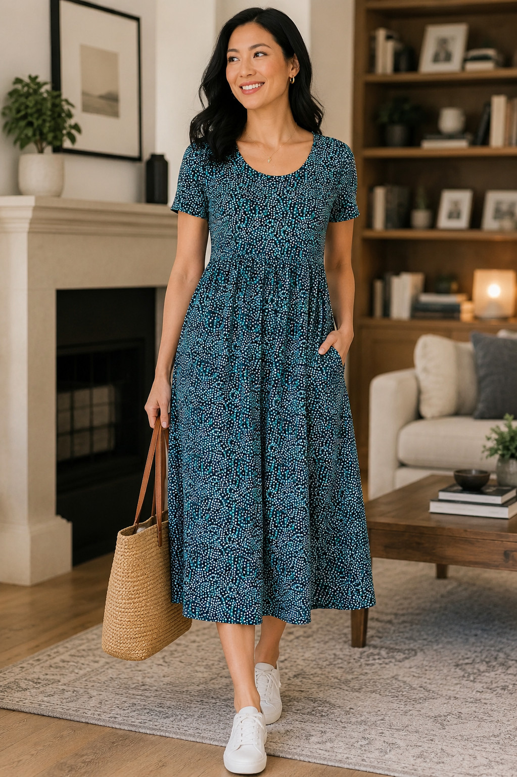 High Waist Midi Dress Size M-L Green Black White Polka Dots Pockets