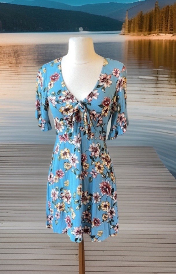 Floral Summer Romantic Dress Blue Flowy Ruffle Sleeve Womens Small Mini