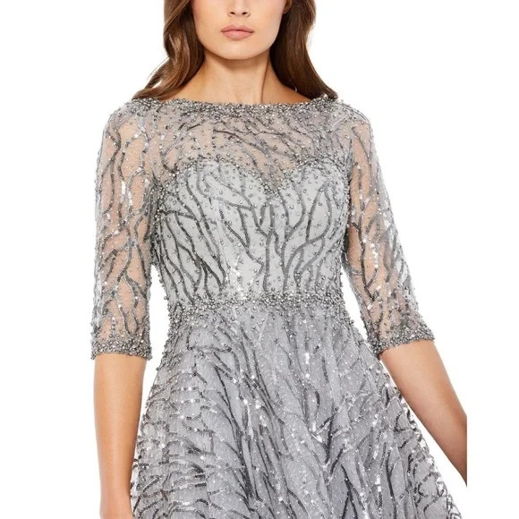 Mac Duggal Platinum Silver Sequin Embellished Cocktail Midi Dress Size 8 $598