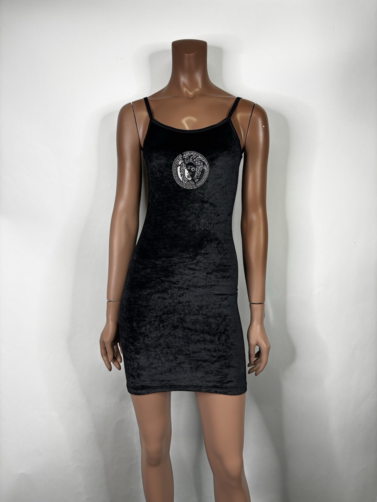 Vtg Versace Jeans Couture Black Stretch Velour Embroidered Medusa Mini Dress XS