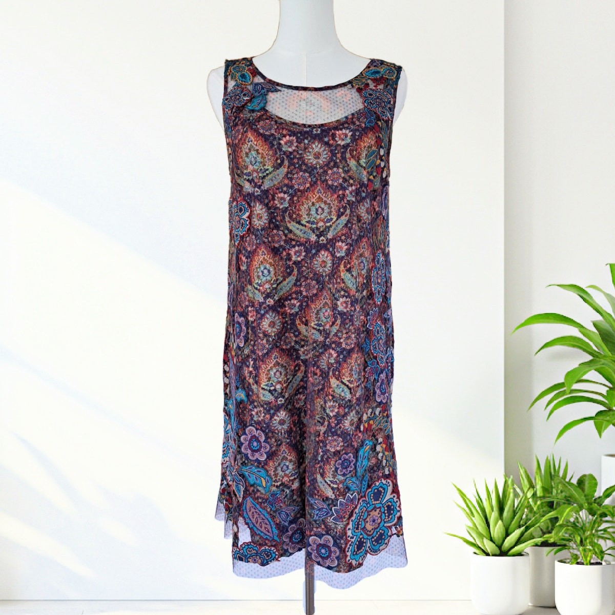 SUNDANCE Palace Tapestry Floral Embroidered Mesh Dress Medium Sleeveless Shift
