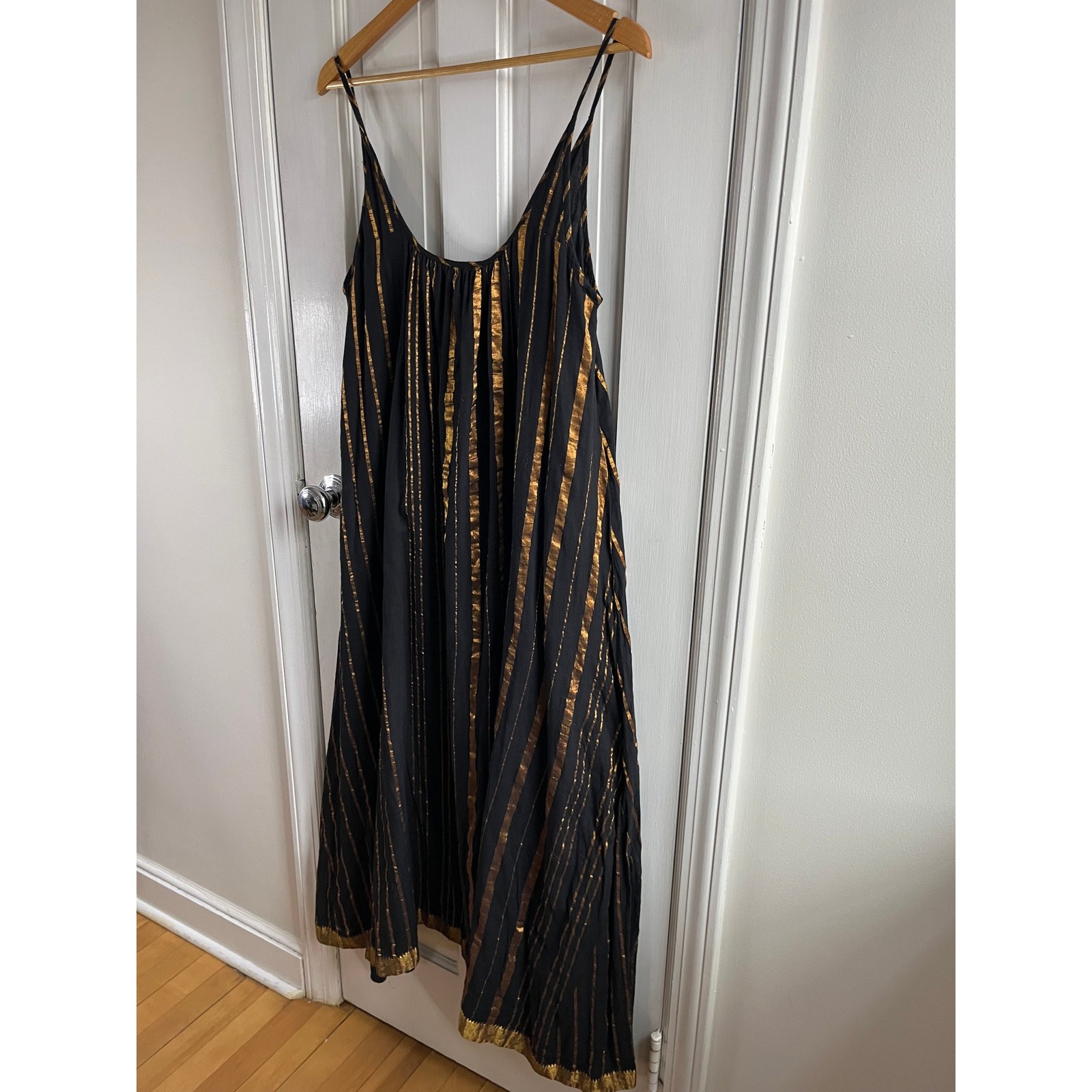 Aish Sultan Black & Gold Striped Slip Dress Maxi One Size OS Boho Luxury