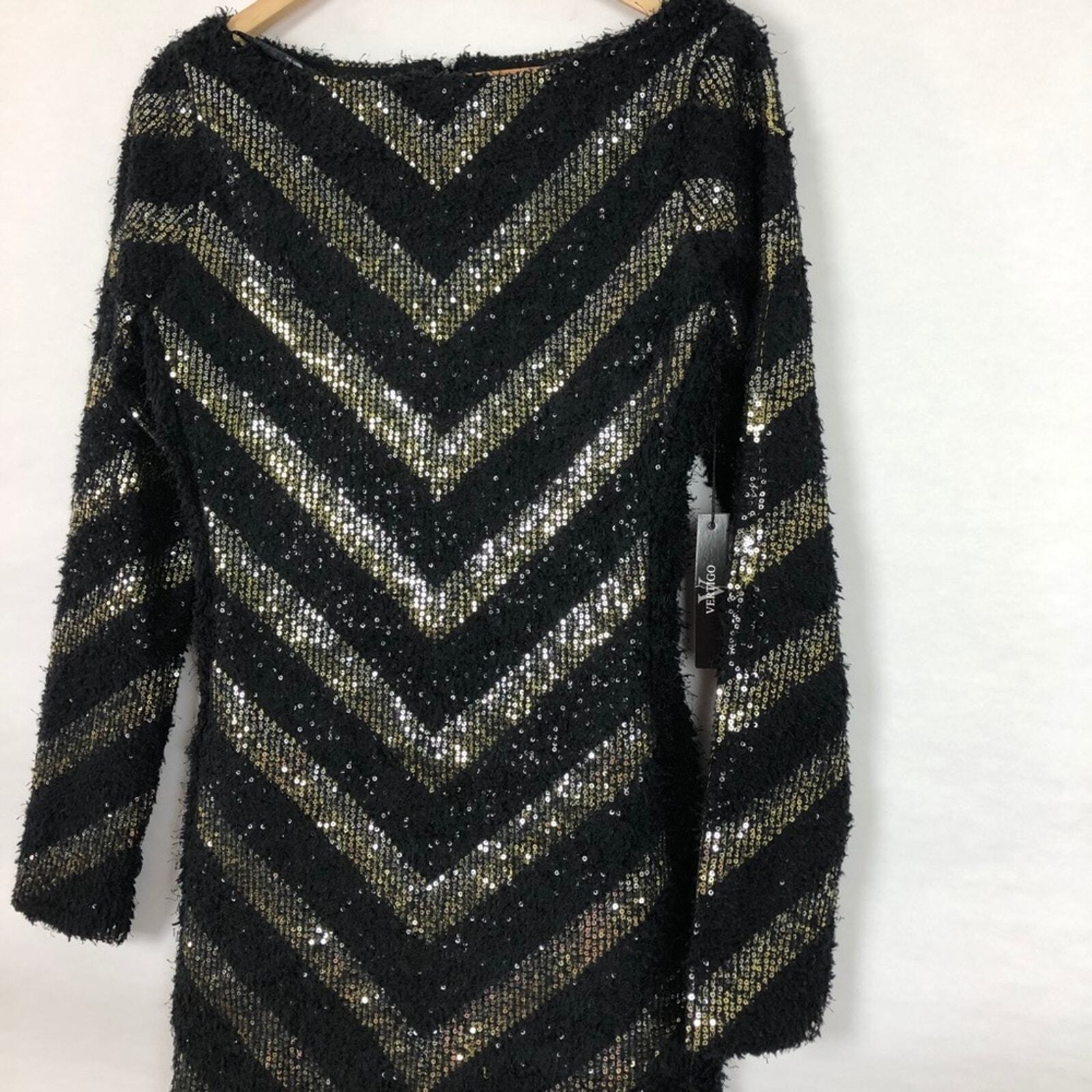 Vertigo Chevron Sequin Fuzzy Knit Sweater Mini Dress Sparkly Cozy Cocktail Small