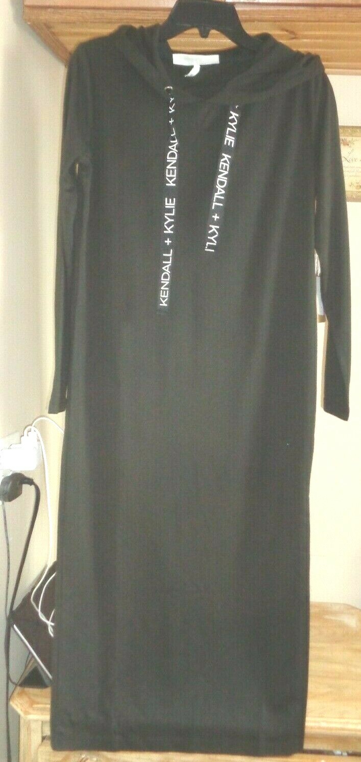 KENDALL +KYLIE BLACK HOODED A-LINE SIDE SLIT DRESS W/LOGO STRAPS NWT S