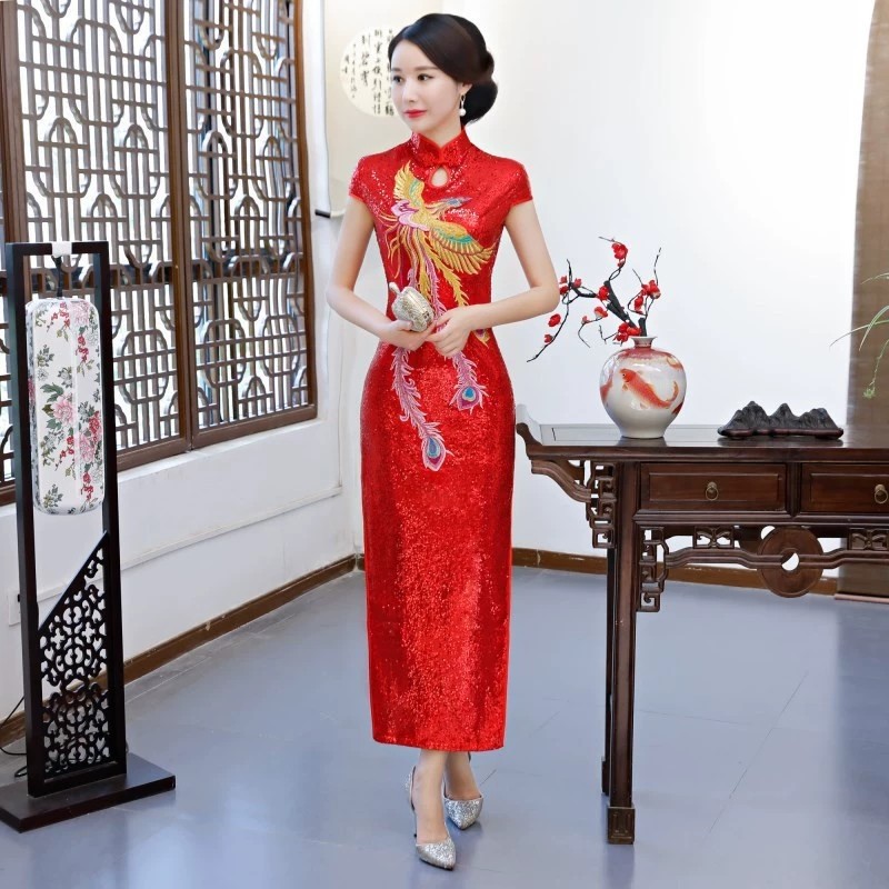 Women Sequined Mandarin Collar High Split Dress Phoenix Embroidered Cheongsam