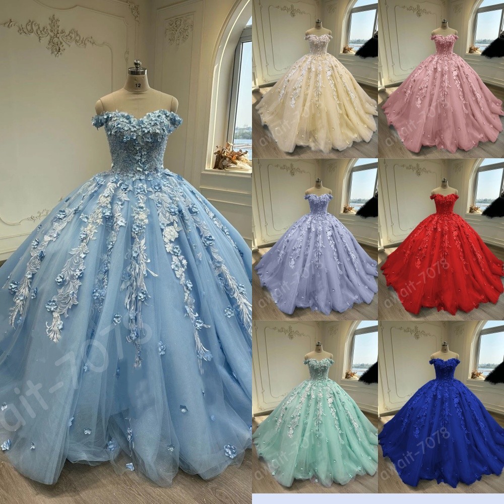 Light Blue Off Shoulder Floral Quinceanera Ball Gown Multi Color Sweet 16 Dress