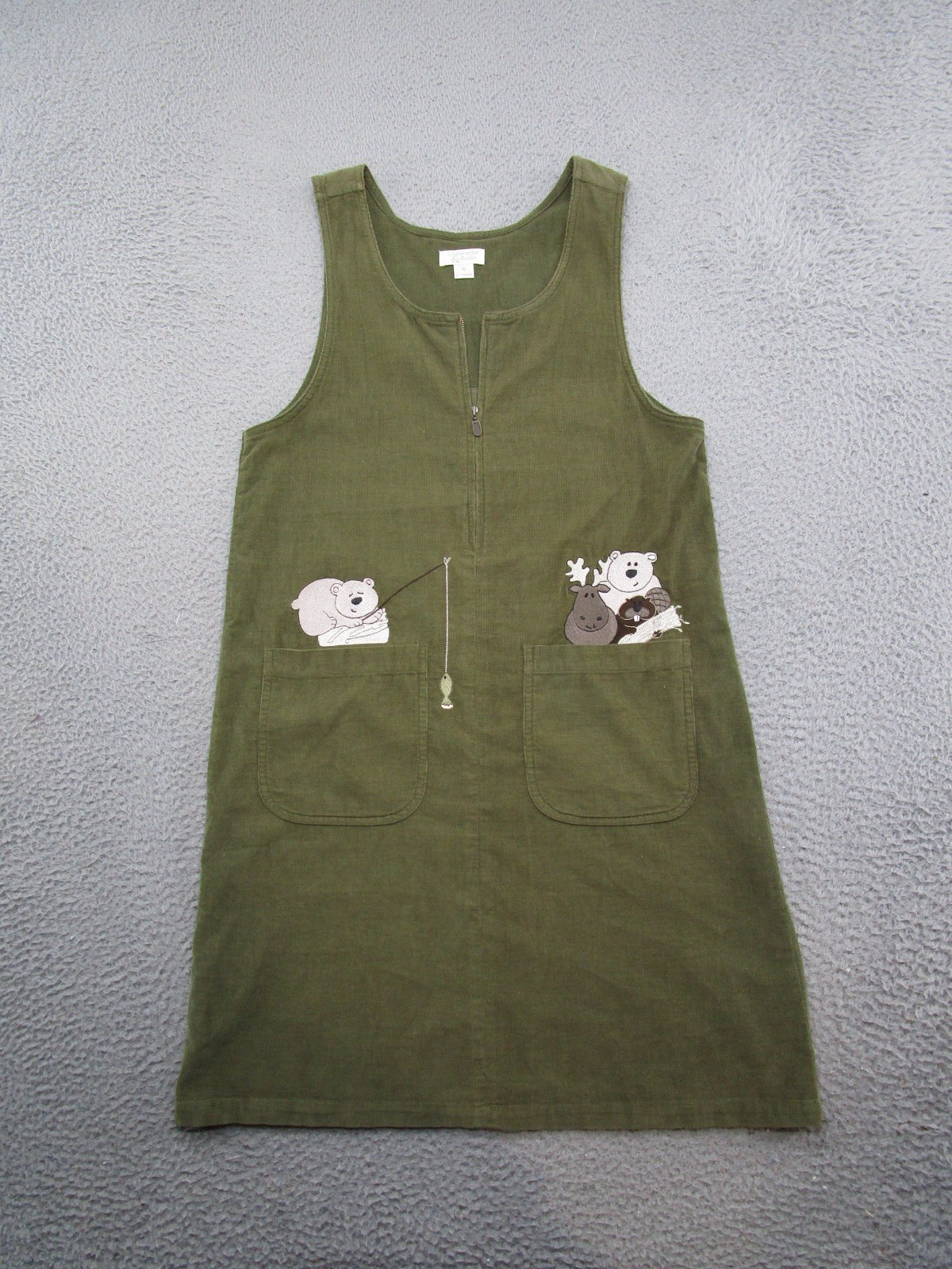 Christopher and Banks Dress Animals Fishing Green Corduroy Sleeveless Size S