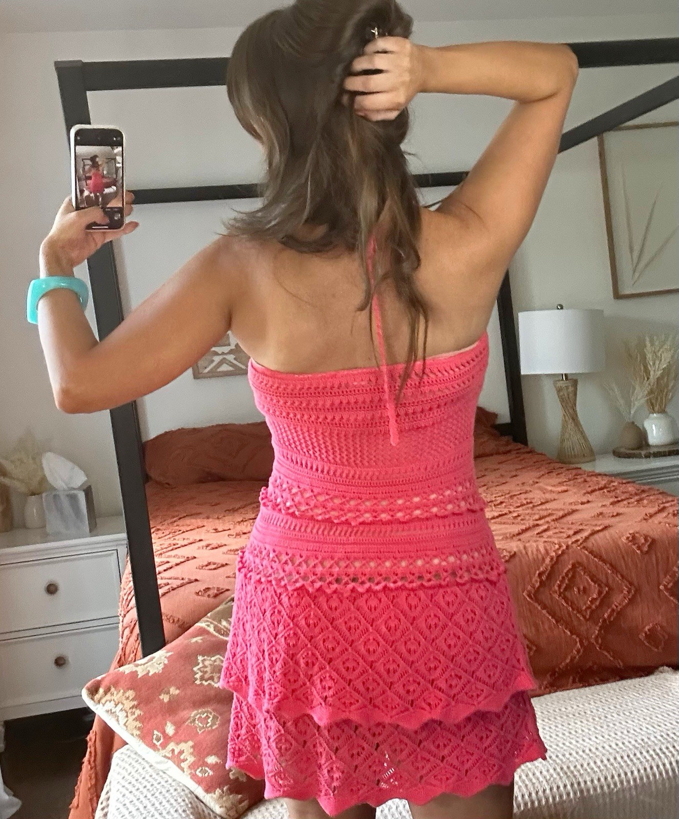 Rare Moda International Size Medium Pink Crochet Tiered Halter Mini Dress