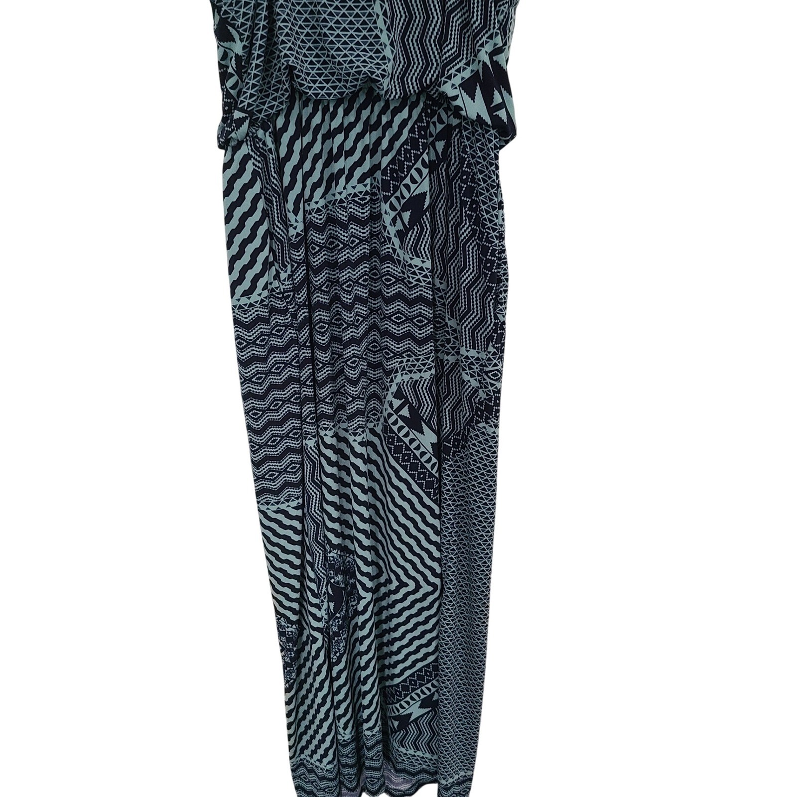 En Focus Studio Womens 10 Geometric Maxi Dress Navy Mint Green Tribal Sleeveless