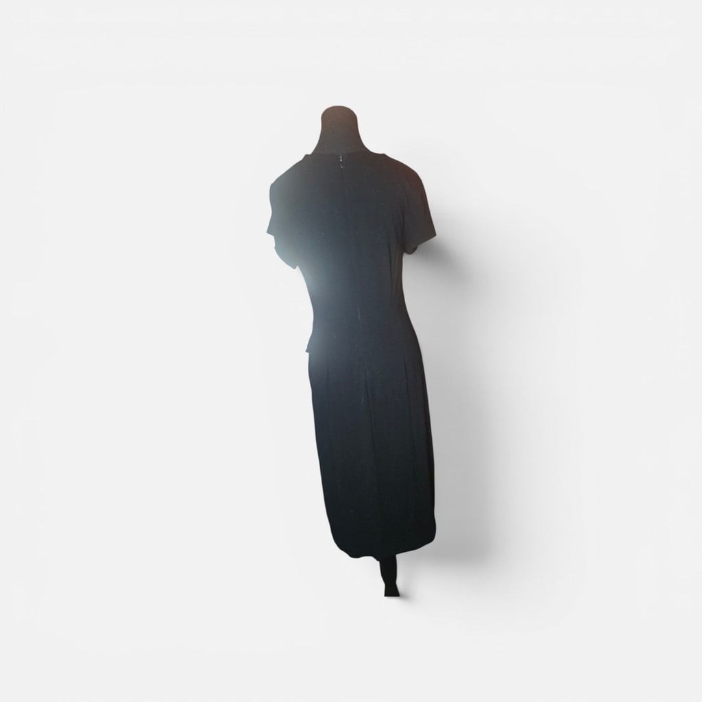 Carmen Marc Valvo Black Cap Sleeve Faux Wrap Midi Dress with Side Buckle Detail