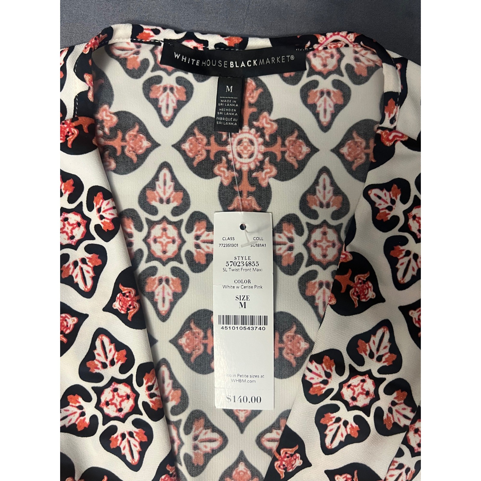 NWT White House Black Market Twist Front Maxi Dress M Pink Black $140 WHBM