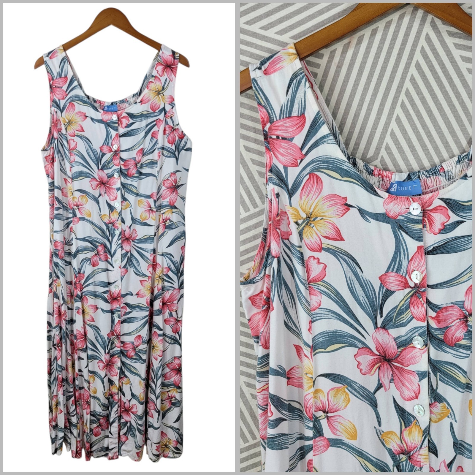 Koret Tropical Sheath Dress Plus 1X Midi Hawaiian Shirred Back Stretch Hibiscus