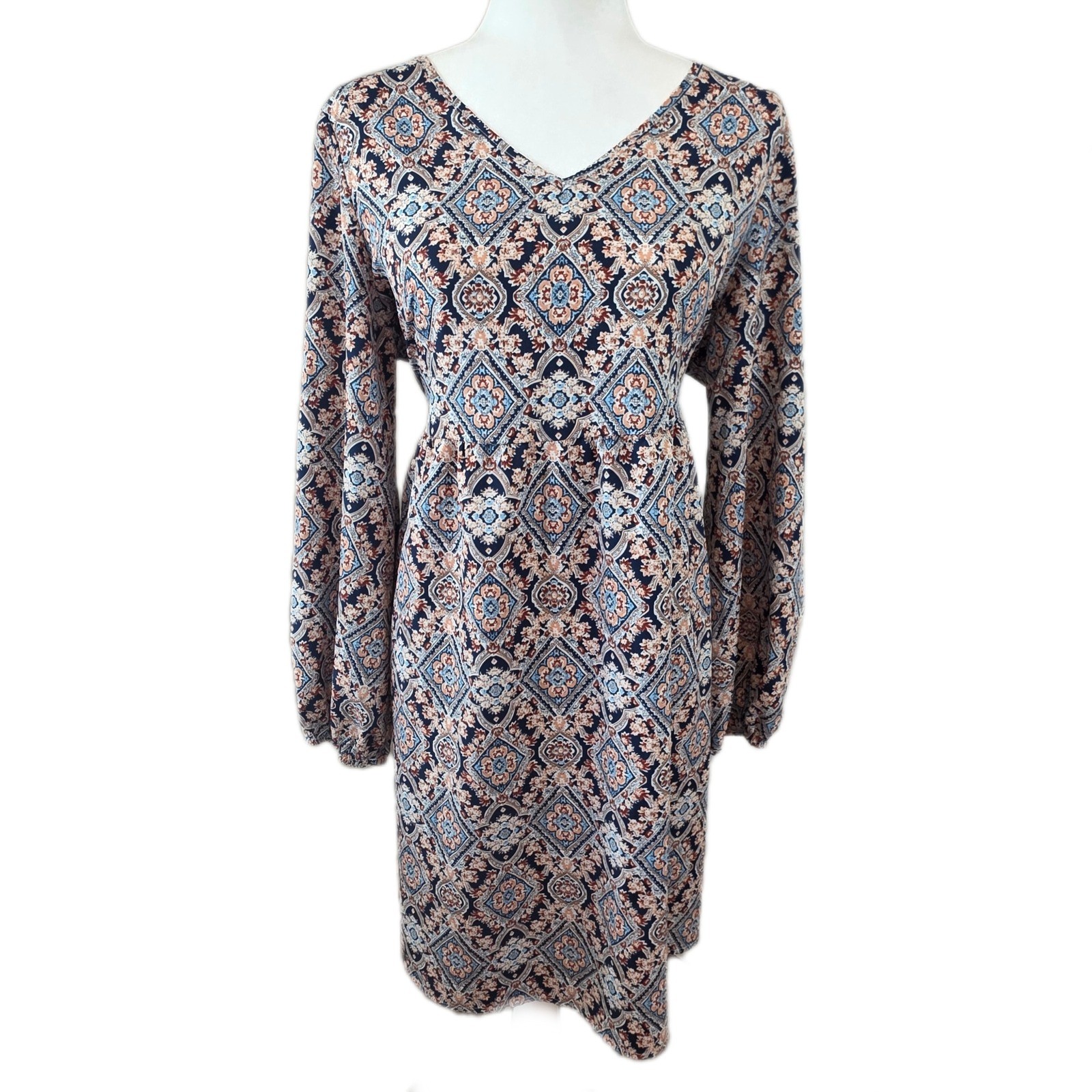 Emery Rose Boho Medallion Print V-Neck Babydoll Dress Navy Blue XL Long Sleeve