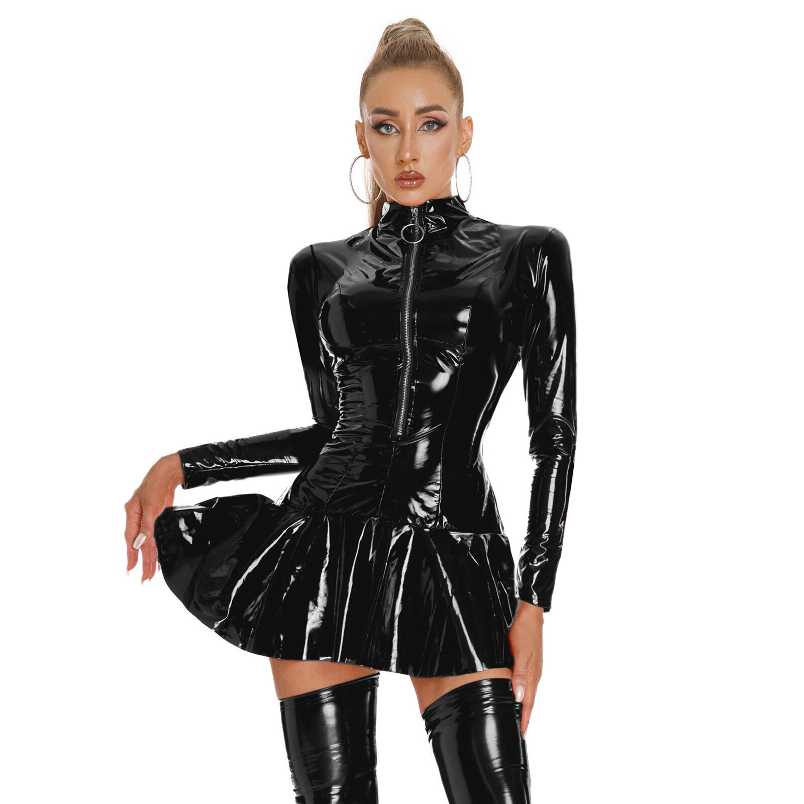 US Womens Costume Zipper Dress Clubwear Ladies Lingeries Latex Jumpsuit PVC