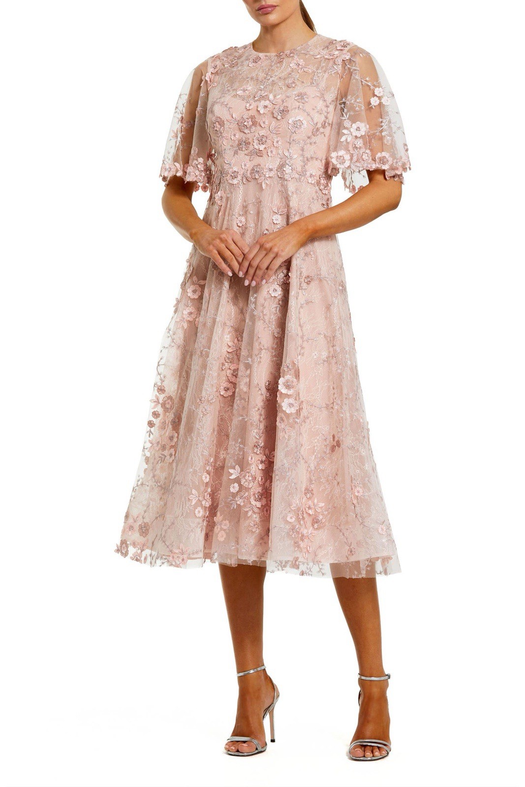 Adrianna Papell Peach Floral Embroidered Formal Midi Dress Sequined Sz 4 NEW