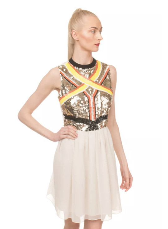 New TOPSHOP Sequin Upper Dress Fit Flare Neon Orange Yellow Black White Sz 4