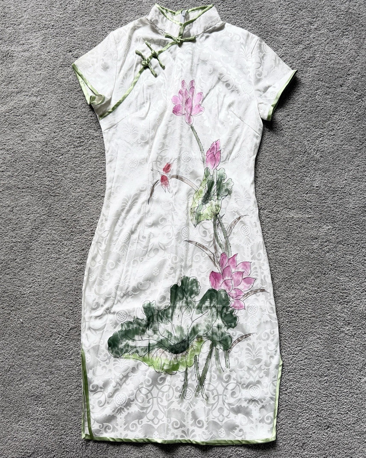 Silk Lian Lin Oriental Dress W/ Water Lilies Sz Sm White Pink & Green Beautiful
