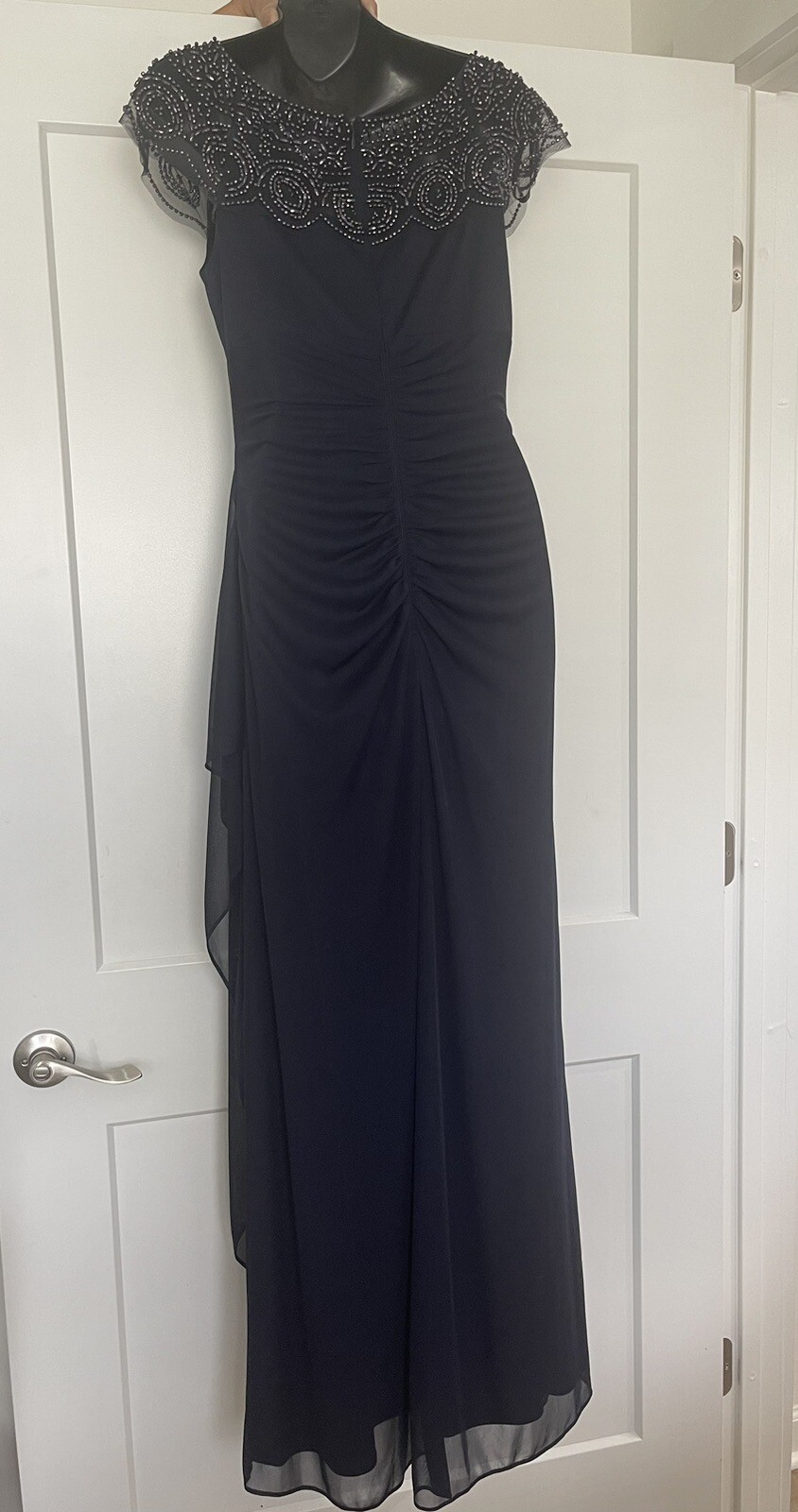 xscape Beaded Yoke, Cap Sleeve, Round Neck, Ruched Cascade Ruffle Side Gown