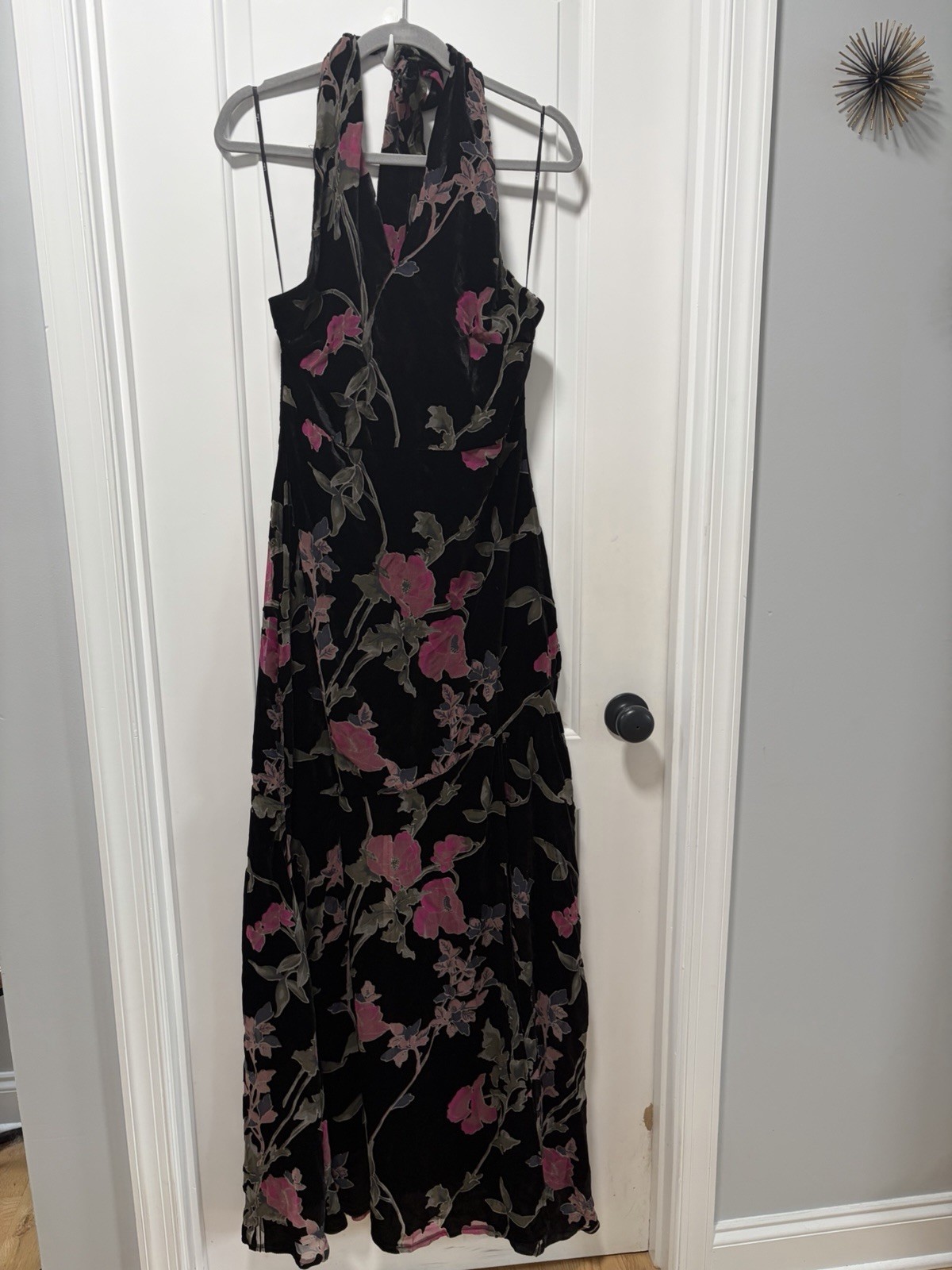 Lulus Flawlessly Gorgeous NWT size Large Black Burnout Floral Halter Maxi Dress