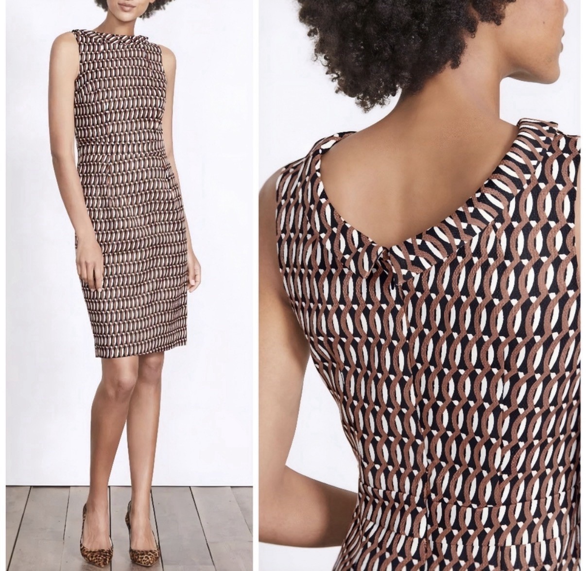 Boden Martha Sleeveless Dress Size US 10 L Black White Brown Retro Style Sheath