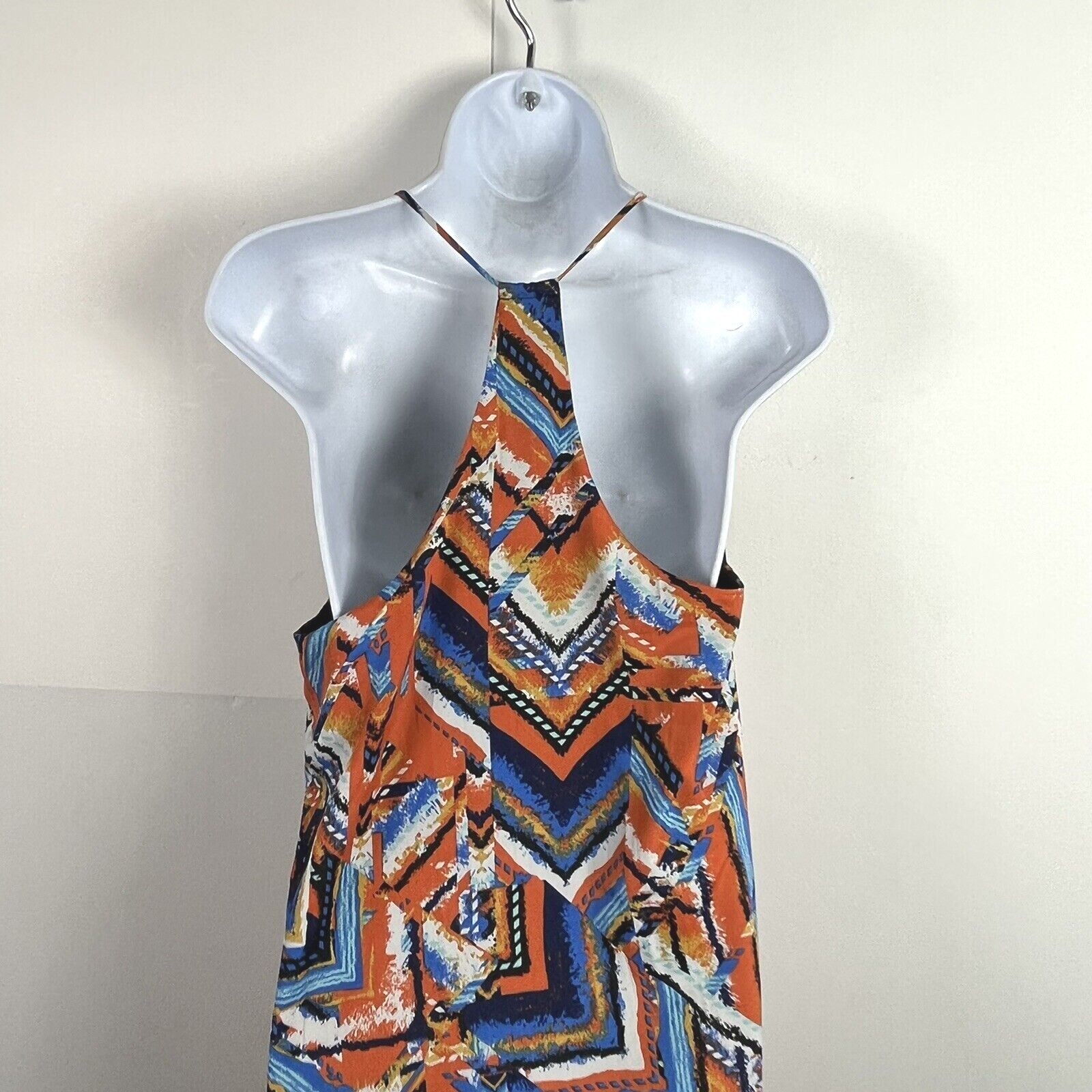 Three Eighty Two Sun Dress Sz S Orange Blue White Geometric V Neck Boho Festival