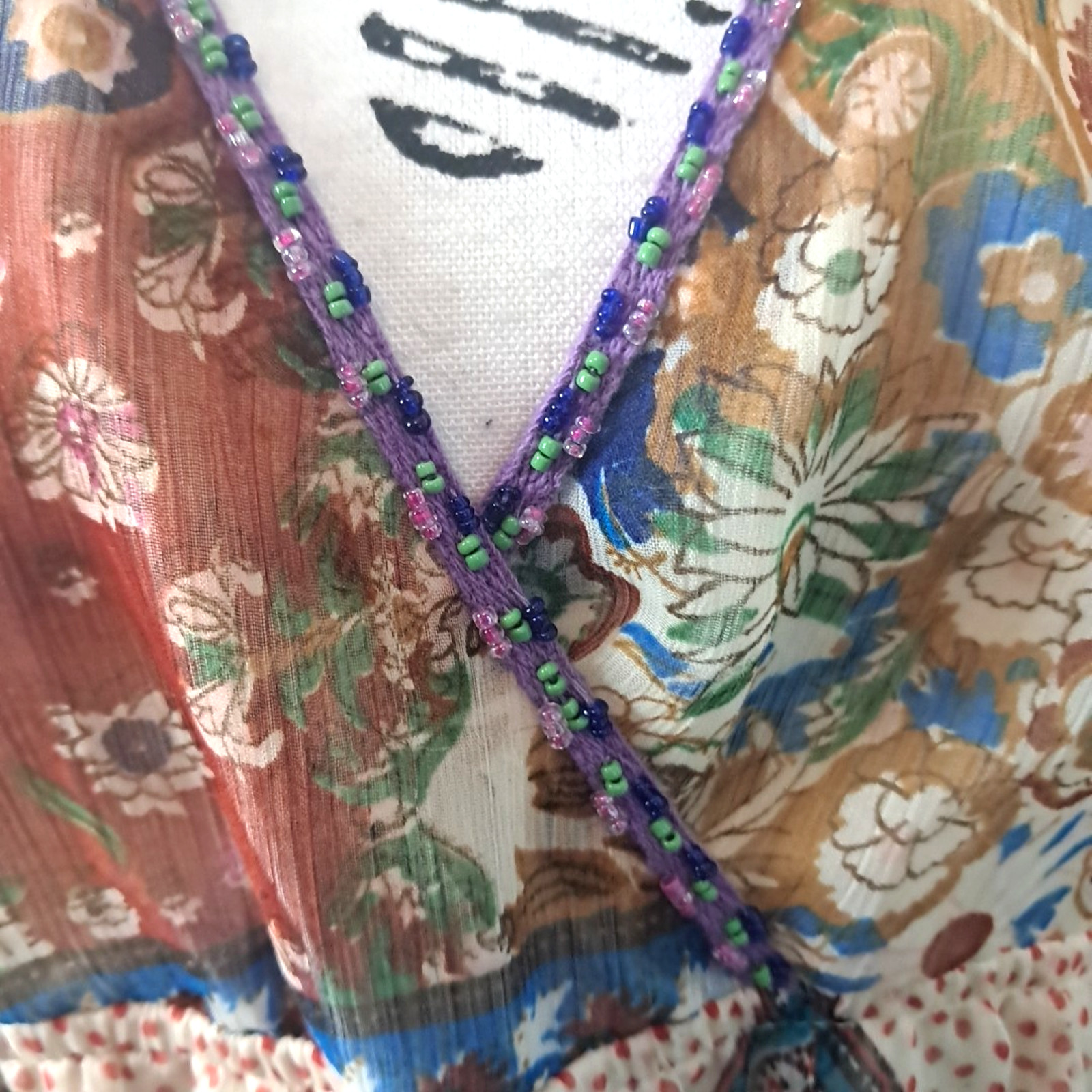 Babydoll Floral Sheer Patchwork Beaded Tiered Mini Dress Size M Purple Boho