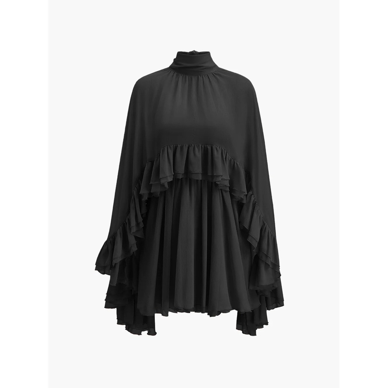 Commense Black Tiered Ruffle Chiffon Mini Dress Set with Liner Large New