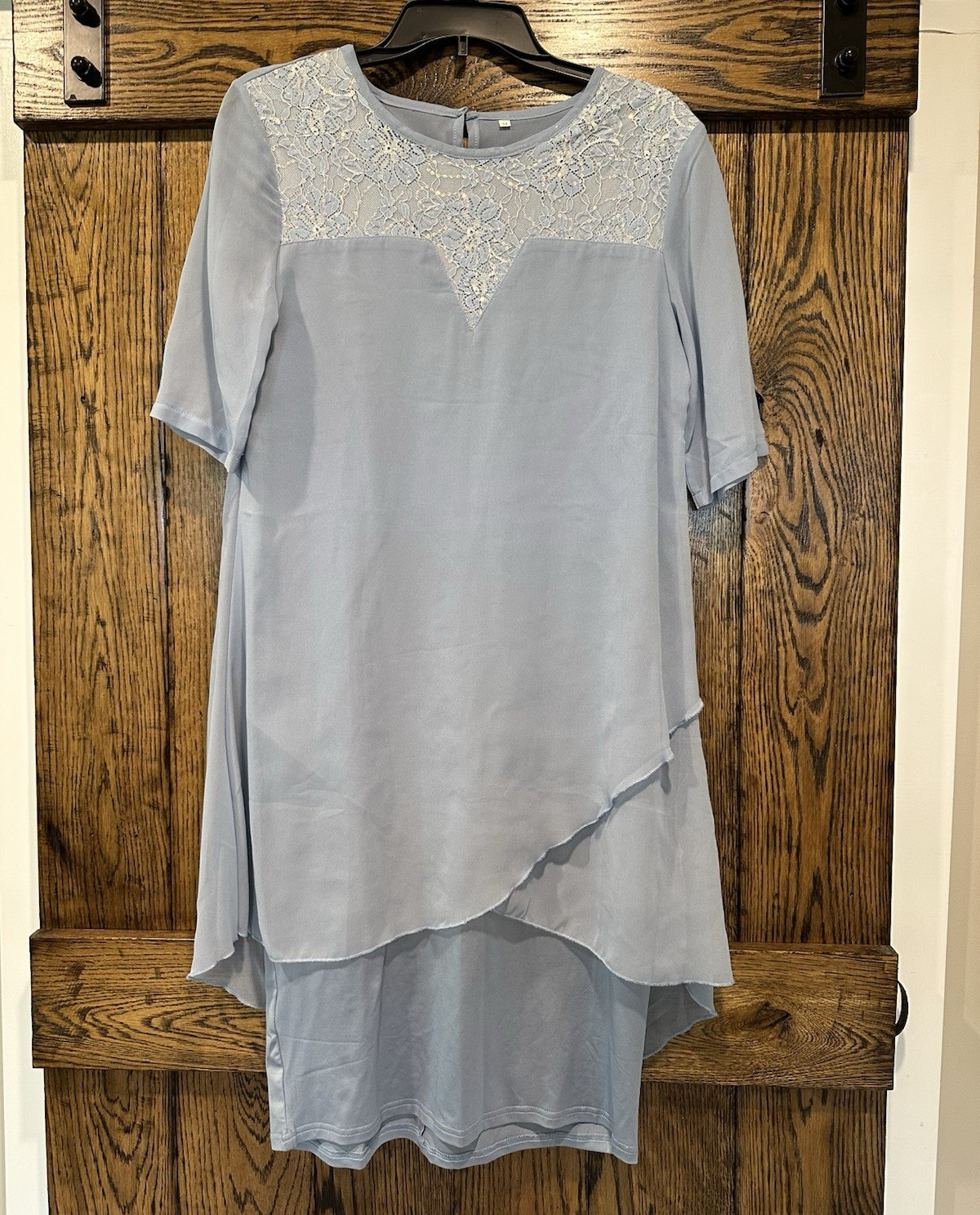 Women’s Blue Shift Dress M Lace Sequin Yoke Layered Lined 3/4 Sleeve