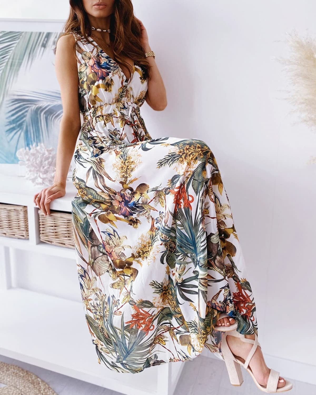 Women’s Sleeveless V Neck Boho Floral Maxi Dress Summer Beach Backless Sundress