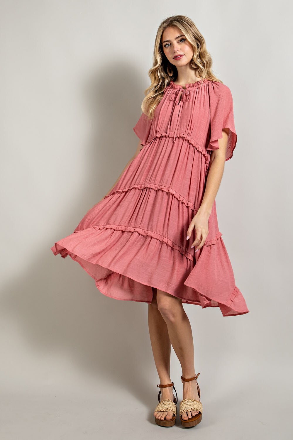 GiGiO Tie Neck Flutter Sleeve Ruffle Tiered Women’s Dress