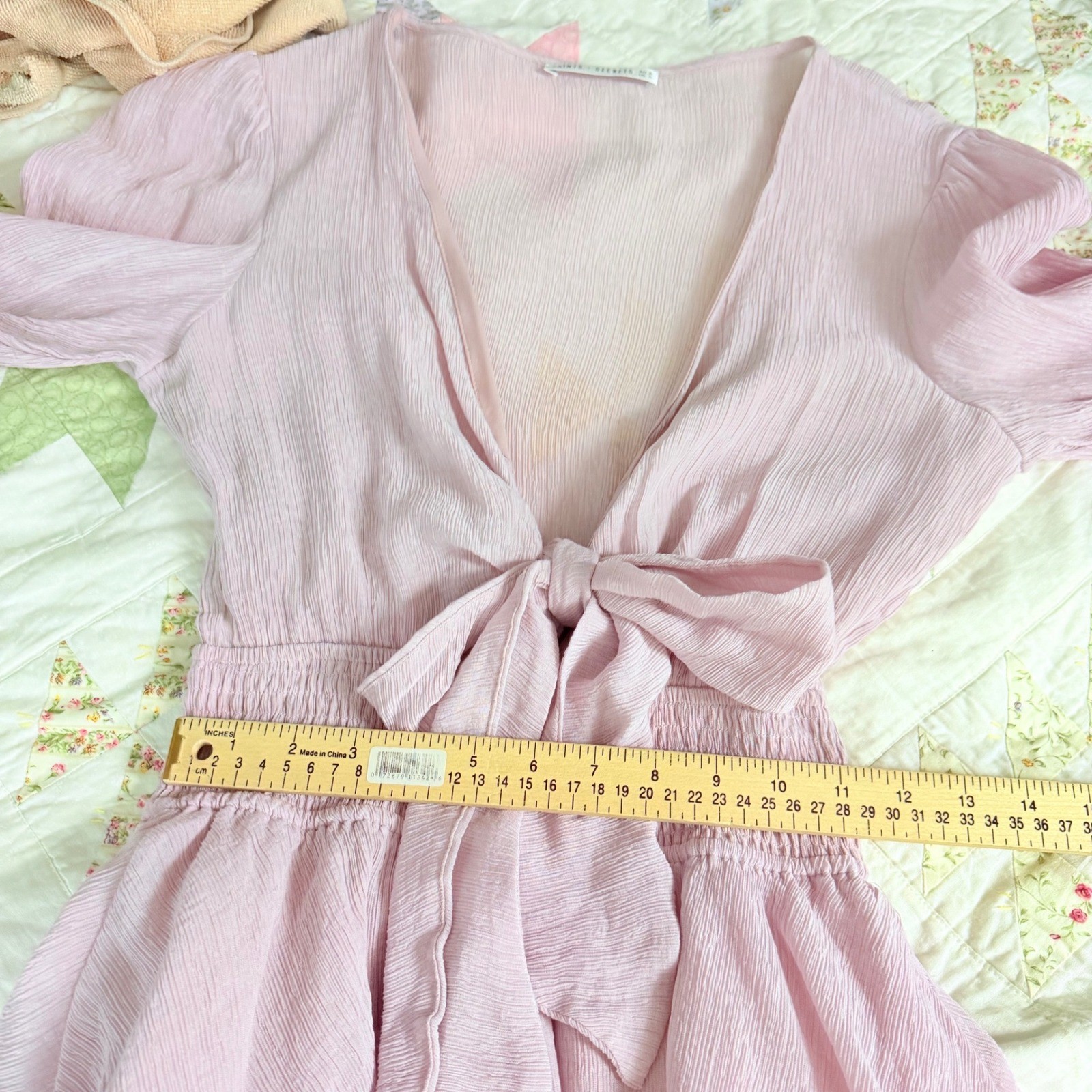 Saints + Secrets Pink Crinkle Ruffle Mini Dress Tie Front Smocked Waist Womens S