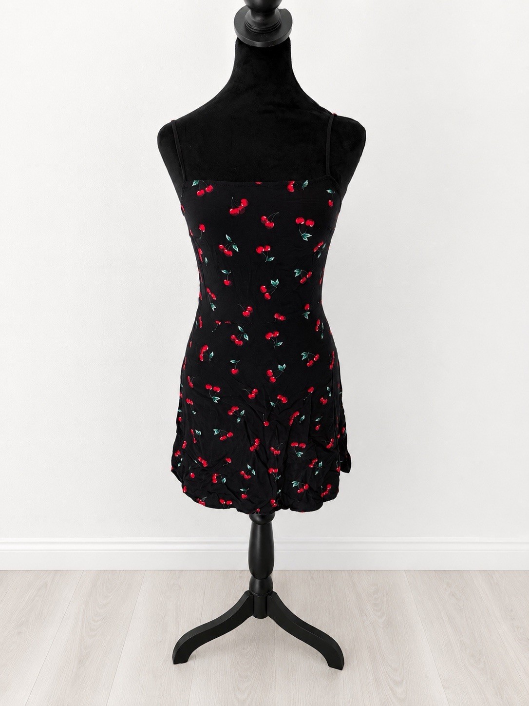 SHEN Women’s XS Black Cherry Print Mini Dress Adjustable Strap Cottagecore Y2K