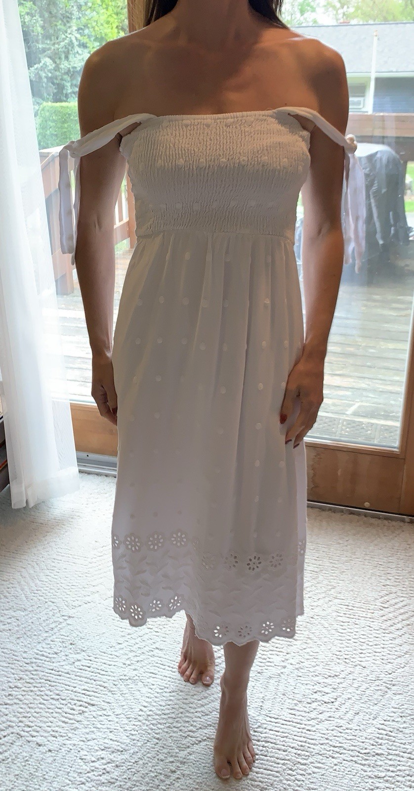 White summer long cotton eyelet dress tie sleeveless scalloped design edge Sm