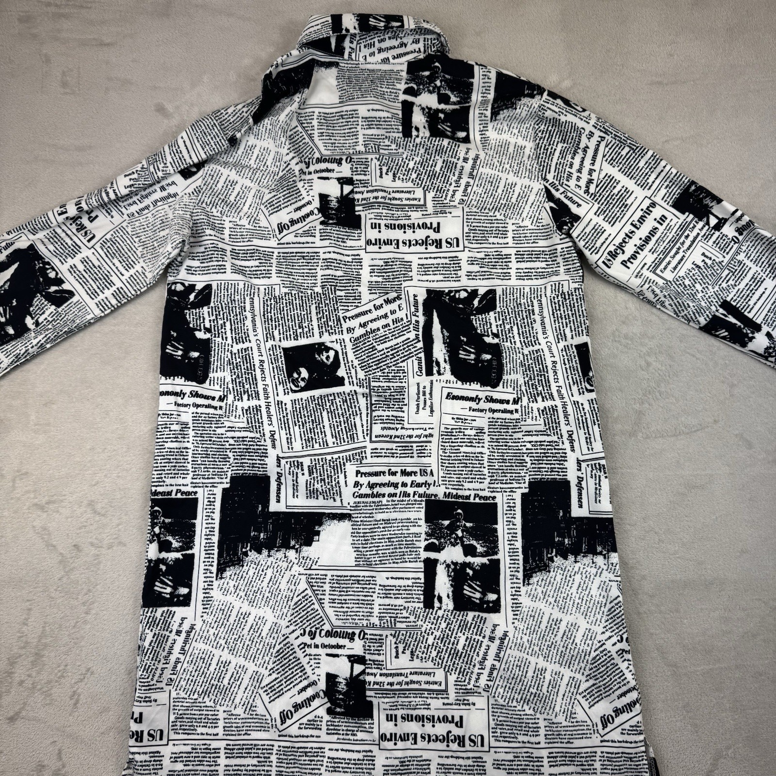 Vintage Newspaper Print Longline Button Down Shirt Dress White Black