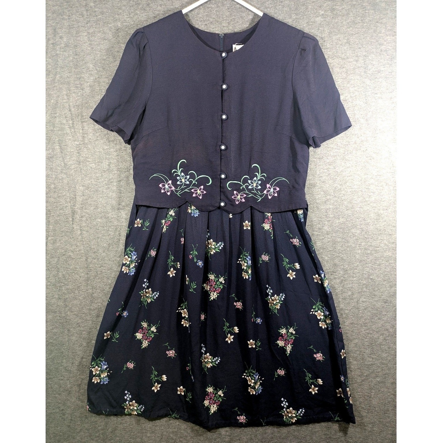 Vintage Periwinkle Blue Floral Embroidered Layered Dress Cottagecore Size 14