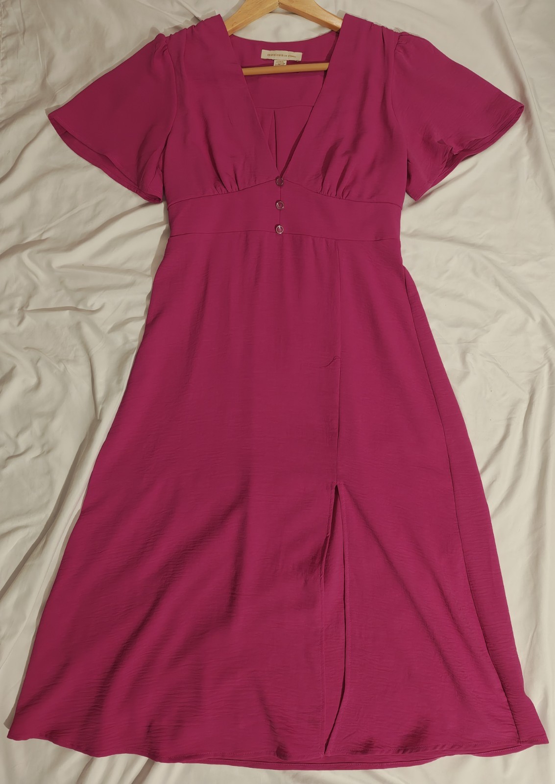 Monteau Los Angeles Flutter Sleeve V-Neck Midi Dress Medium Pink Barbiecore Chic